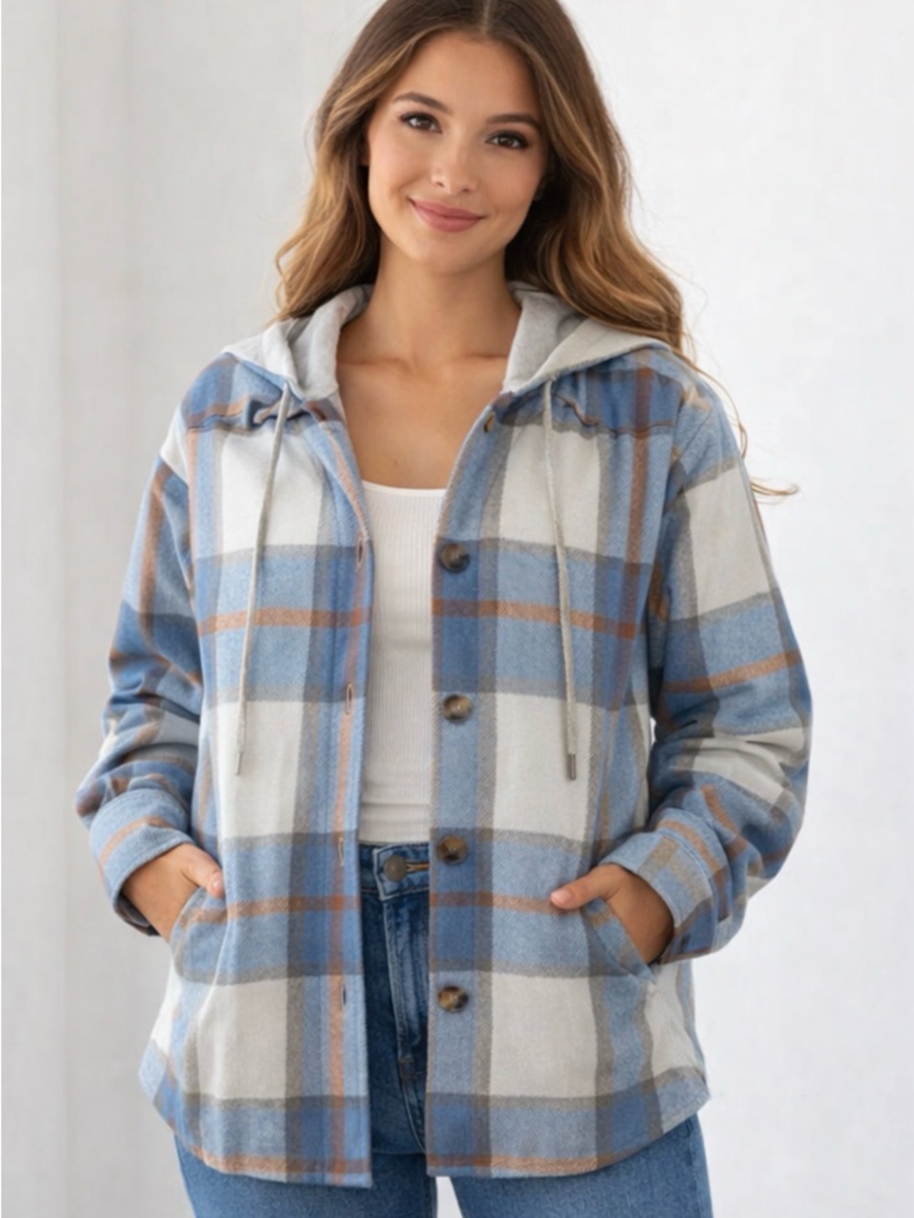 Plaid Flannel Hoodie Shirt - Size M